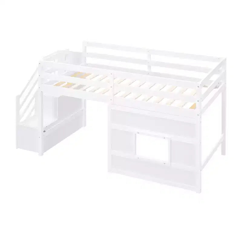 Twin Size Low Loft Bed with Storage Staircase and Window, Wooden Twin Loft Bed Frame with Under-Bed Space for Kids Teens