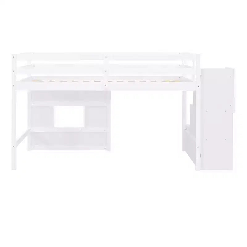Twin Size Low Loft Bed with Storage Staircase and Window, Wooden Twin Loft Bed Frame with Under-Bed Space for Kids Teens