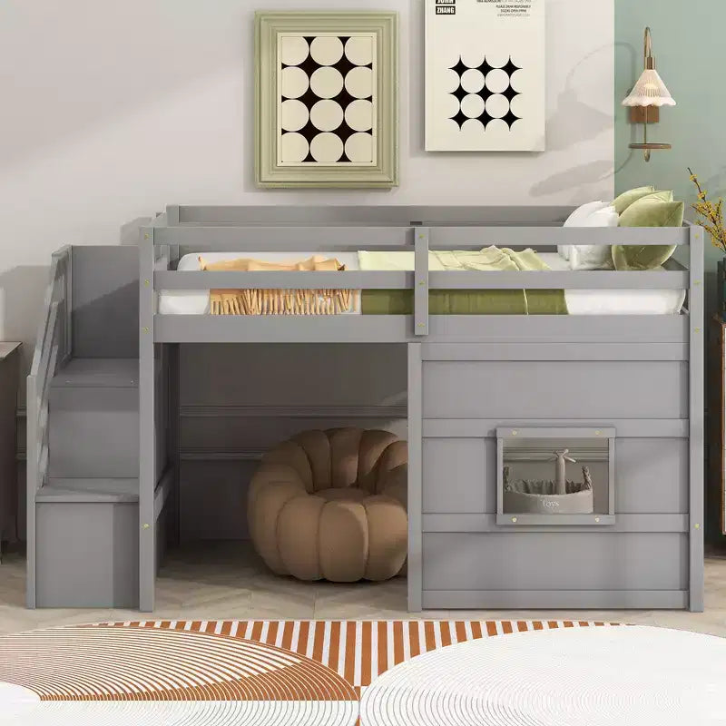Twin Size Low Loft Bed with Storage Staircase and Window, Wooden Twin Loft Bed Frame with Under-Bed Space for Kids Teens