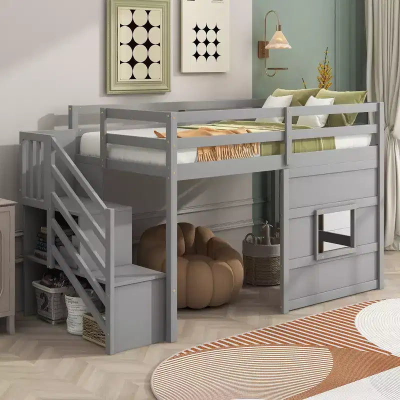 Twin Size Low Loft Bed with Storage Staircase and Window, Wooden Twin Loft Bed Frame with Under-Bed Space for Kids Teens