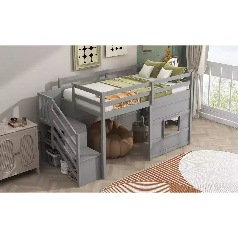 Twin Size Low Loft Bed with Storage Staircase and Window, Wooden Twin Loft Bed Frame with Under-Bed Space for Kids Teens