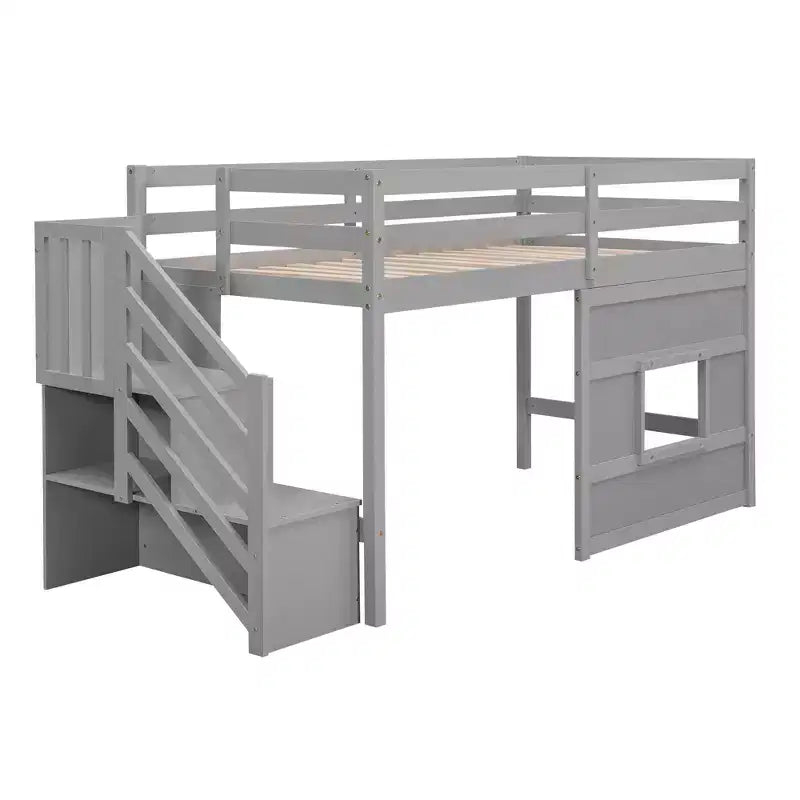 Twin Size Low Loft Bed with Storage Staircase and Window, Wooden Twin Loft Bed Frame with Under-Bed Space for Kids Teens