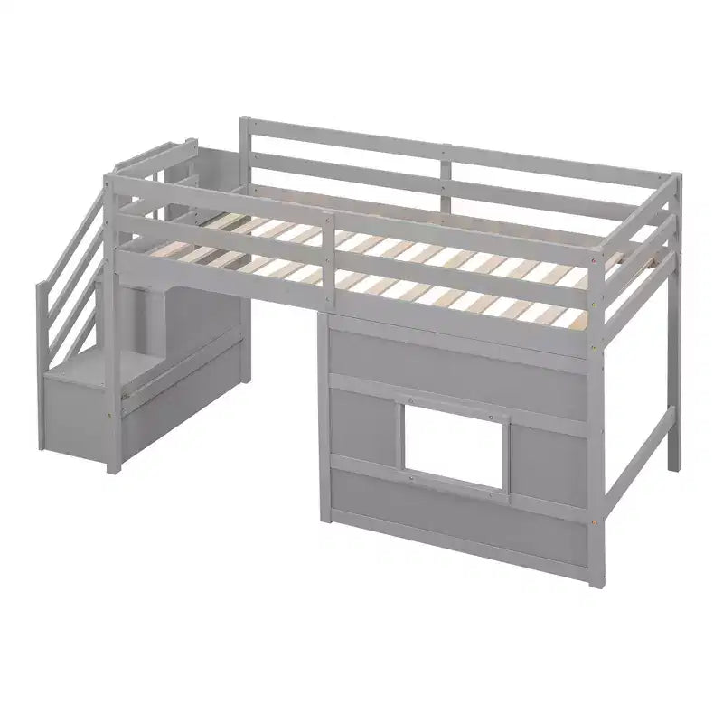 Twin Size Low Loft Bed with Storage Staircase and Window, Wooden Twin Loft Bed Frame with Under-Bed Space for Kids Teens