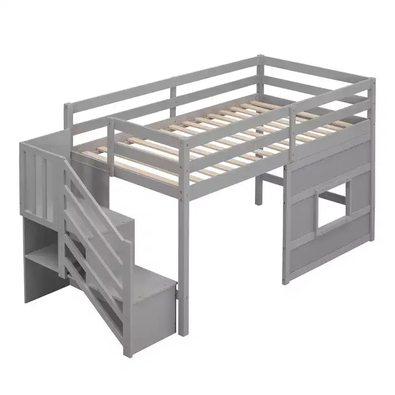 Twin Size Low Loft Bed with Storage Staircase and Window, Wooden Twin Loft Bed Frame with Under-Bed Space for Kids Teens