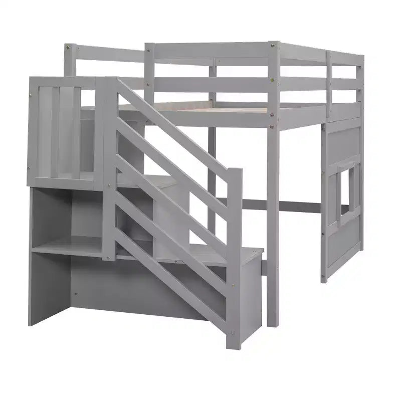 Twin Size Low Loft Bed with Storage Staircase and Window, Wooden Twin Loft Bed Frame with Under-Bed Space for Kids Teens