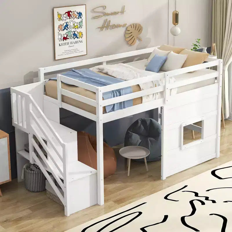 Twin Size Low Loft Bed with Storage Staircase and Window, Wooden Twin Loft Bed Frame with Under-Bed Space for Kids Teens