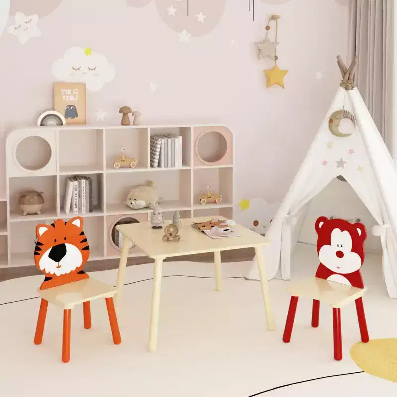 Kids Table and 2 Chairs Set, 3 Pieces Toddler Table and Chair Set, Wooden Activity Play Table Set (Bear&Tiger)