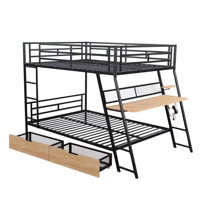 Full Size Metal Full Size Bunk Bed with Desk, Full over Full Heavy Duty Metal Bunk Bed with Light and 2 Drawers, Black