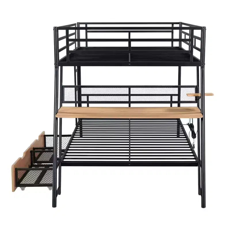 Full Size Metal Full Size Bunk Bed with Desk, Full over Full Heavy Duty Metal Bunk Bed with Light and 2 Drawers, Black
