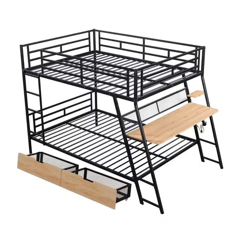 Full Size Metal Full Size Bunk Bed with Desk, Full over Full Heavy Duty Metal Bunk Bed with Light and 2 Drawers, Black