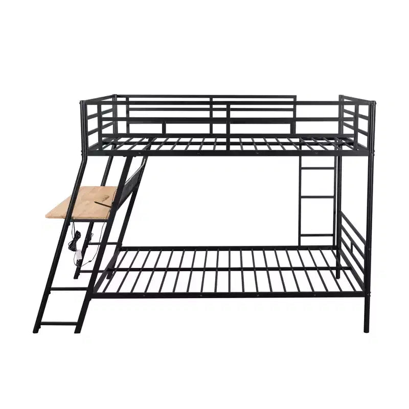Full Size Metal Full Size Bunk Bed with Desk, Full over Full Heavy Duty Metal Bunk Bed with Light and 2 Drawers, Black