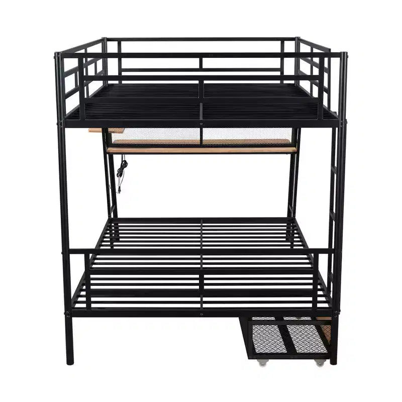 Full Size Metal Full Size Bunk Bed with Desk, Full over Full Heavy Duty Metal Bunk Bed with Light and 2 Drawers, Black