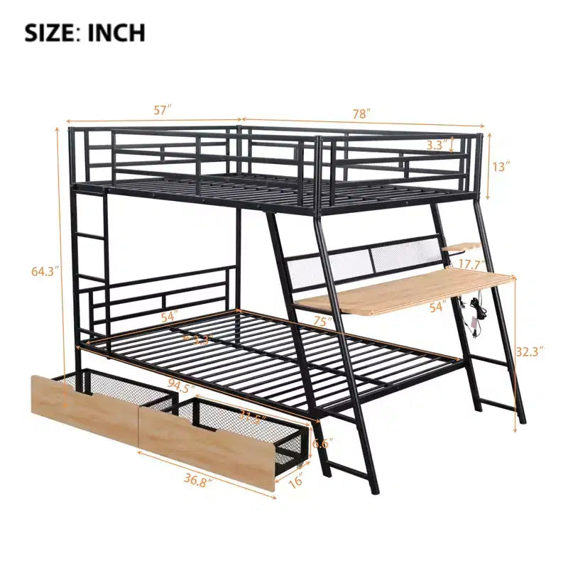 Full Size Metal Full Size Bunk Bed with Desk, Full over Full Heavy Duty Metal Bunk Bed with Light and 2 Drawers, Black