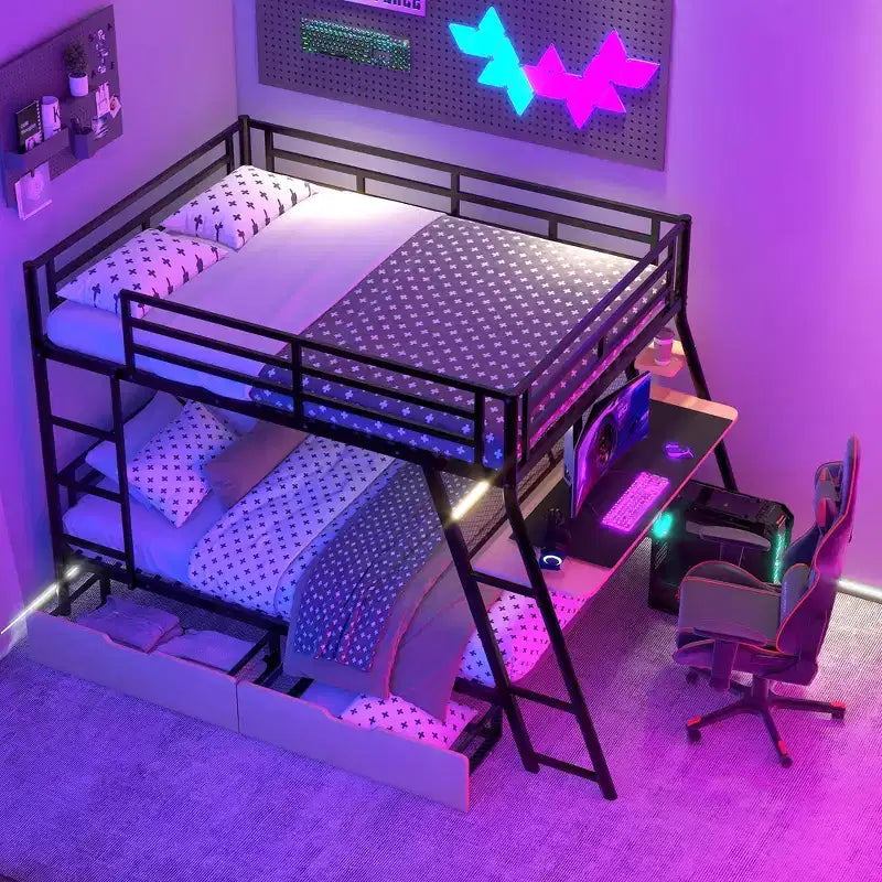 Full Size Metal Full Size Bunk Bed with Desk, Full over Full Heavy Duty Metal Bunk Bed with Light and 2 Drawers, Black