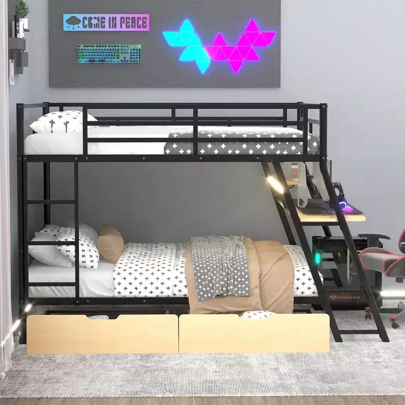 Full Size Metal Full Size Bunk Bed with Desk, Full over Full Heavy Duty Metal Bunk Bed with Light and 2 Drawers, Black