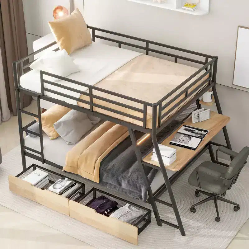 Full Size Metal Full Size Bunk Bed with Desk, Full over Full Heavy Duty Metal Bunk Bed with Light and 2 Drawers, Black