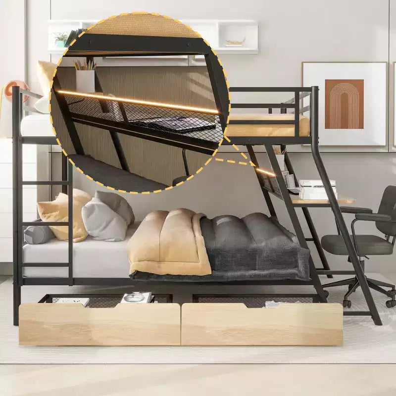 Full Size Metal Full Size Bunk Bed with Desk, Full over Full Heavy Duty Metal Bunk Bed with Light and 2 Drawers, Black