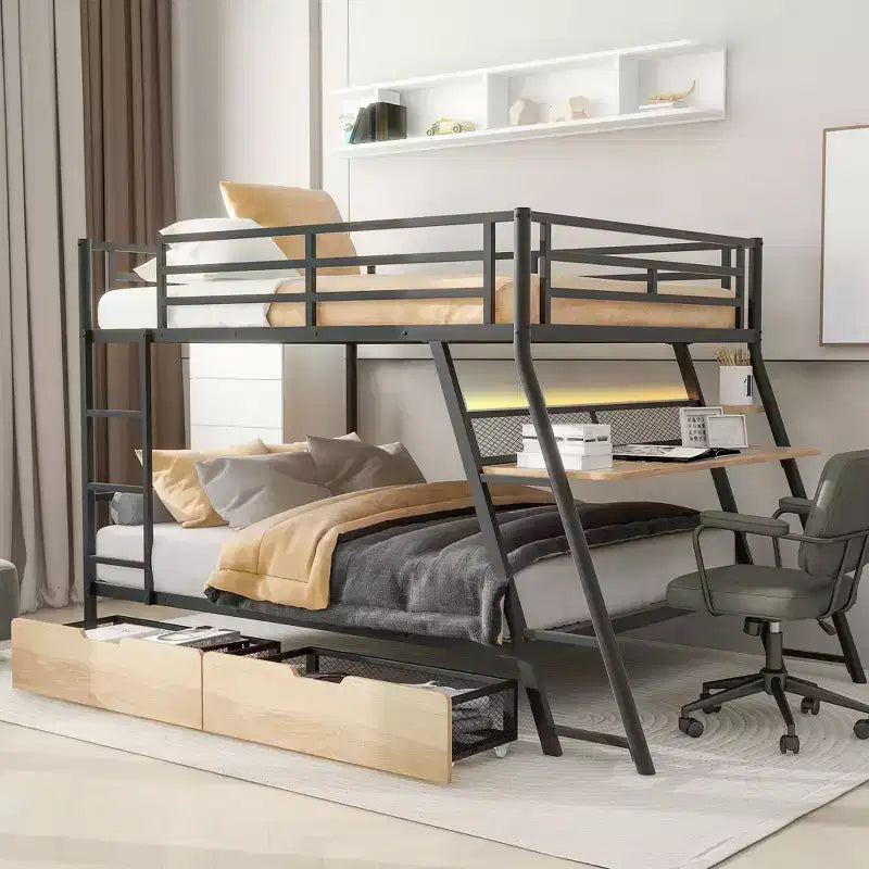 Full Size Metal Full Size Bunk Bed with Desk, Full over Full Heavy Duty Metal Bunk Bed with Light and 2 Drawers, Black