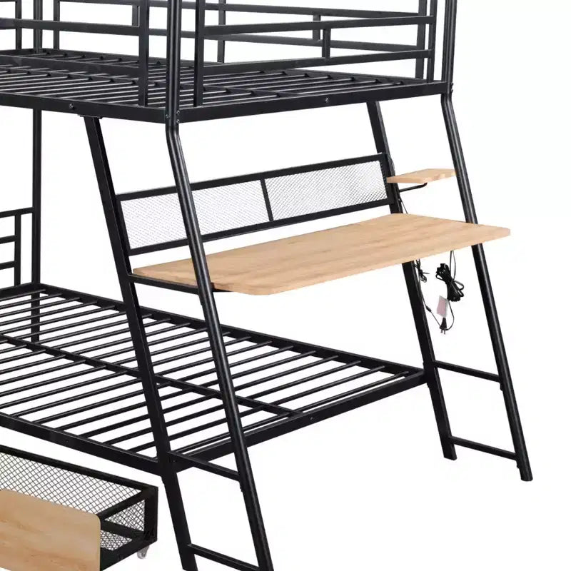 Full Size Metal Full Size Bunk Bed with Desk, Full over Full Heavy Duty Metal Bunk Bed with Light and 2 Drawers, Black