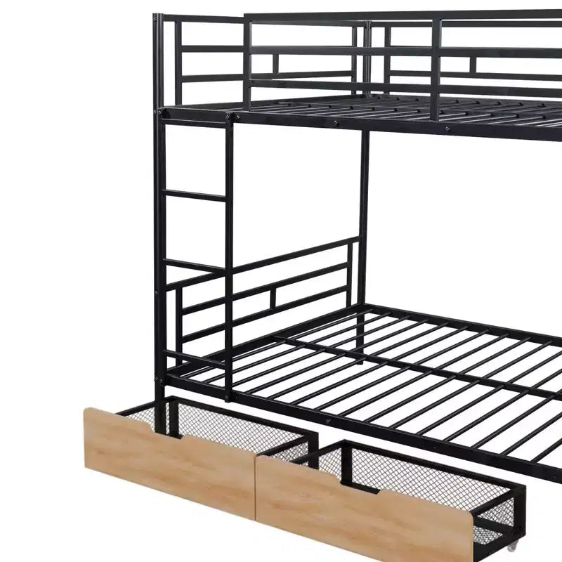 Full Size Metal Full Size Bunk Bed with Desk, Full over Full Heavy Duty Metal Bunk Bed with Light and 2 Drawers, Black