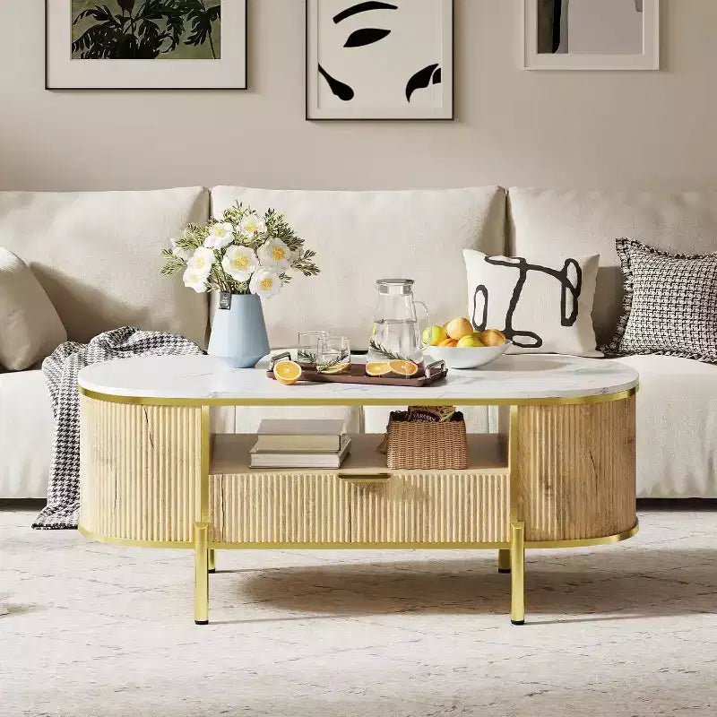 Modern Fluted Coffee Table with Drawer, 48" Oval Faux Marble Top & Gold Legs for Living Room