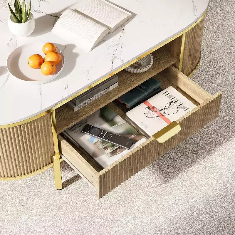 Modern Fluted Coffee Table with Drawer, 48" Oval Faux Marble Top & Gold Legs for Living Room