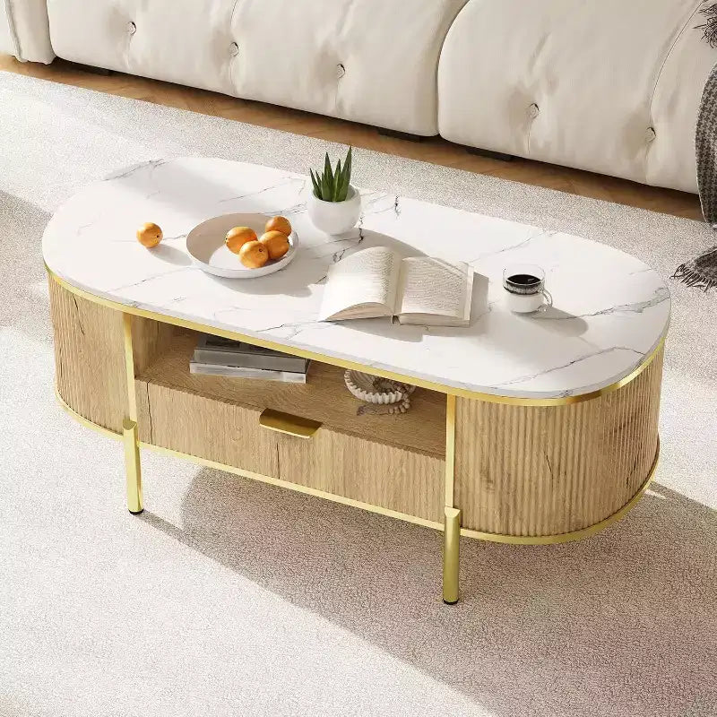 Modern Fluted Coffee Table with Drawer, 48" Oval Faux Marble Top & Gold Legs for Living Room