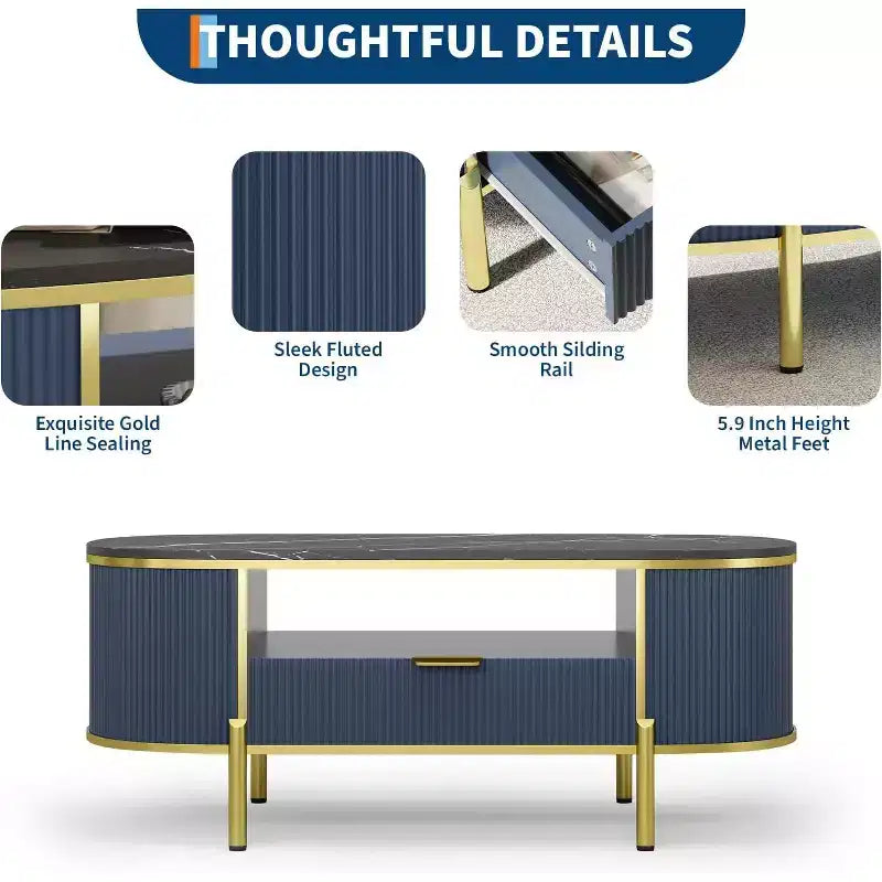 Modern Fluted Coffee Table with Drawer, 48" Oval Faux Marble Top & Gold Legs for Living Room