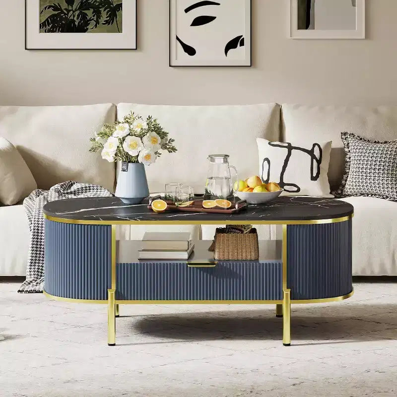 Modern Fluted Coffee Table with Drawer, 48" Oval Faux Marble Top & Gold Legs for Living Room