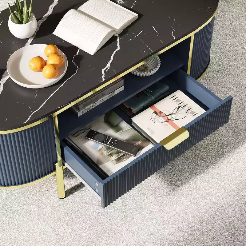 Modern Fluted Coffee Table with Drawer, 48" Oval Faux Marble Top & Gold Legs for Living Room