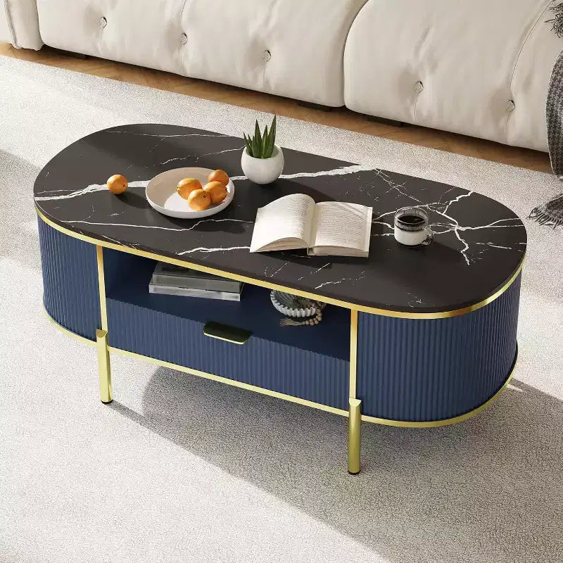 Modern Fluted Coffee Table with Drawer, 48" Oval Faux Marble Top & Gold Legs for Living Room