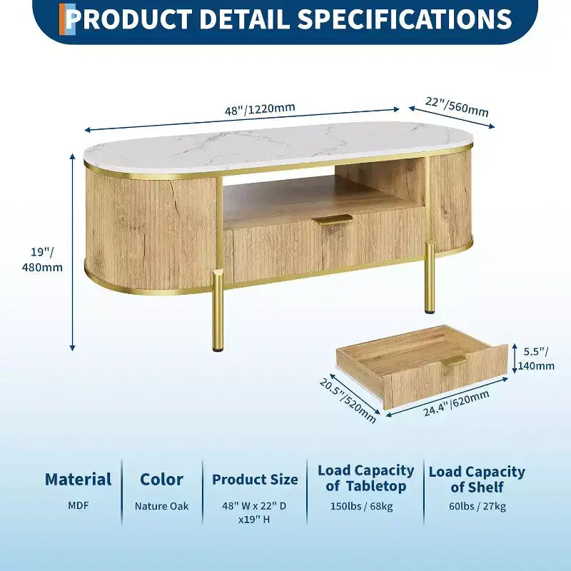 Modern Fluted Coffee Table with Drawer, 48" Oval Faux Marble Top & Gold Legs for Living Room