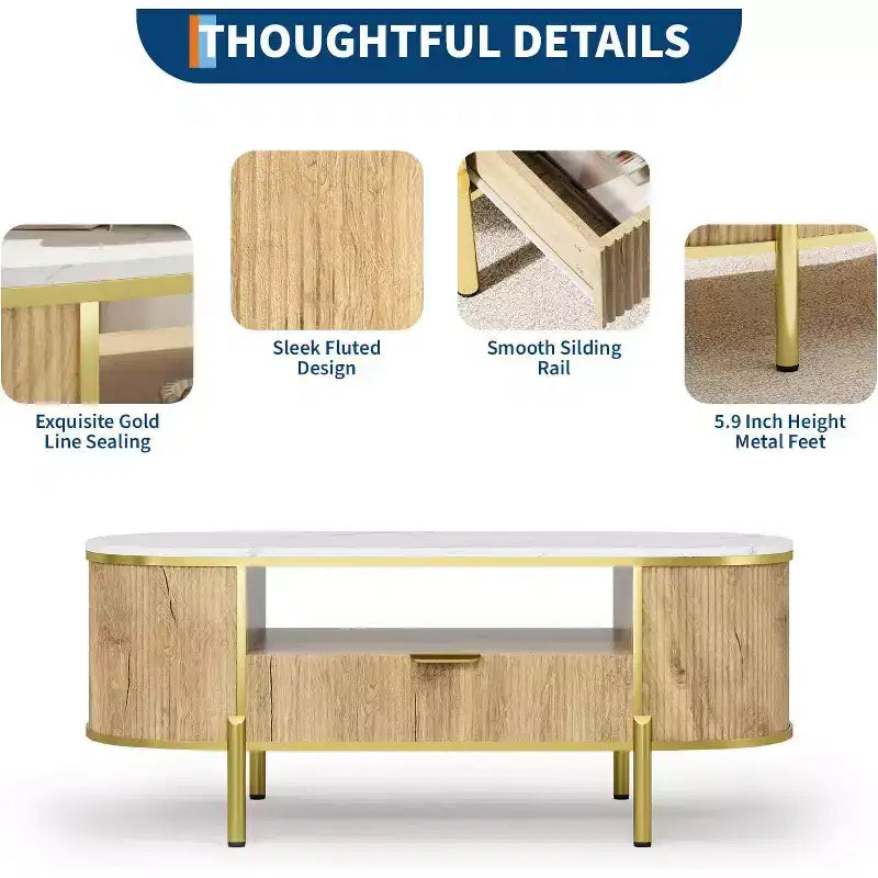 Modern Fluted Coffee Table with Drawer, 48" Oval Faux Marble Top & Gold Legs for Living Room