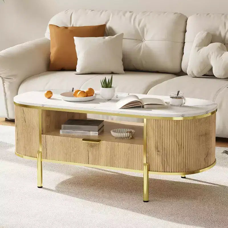 Modern Fluted Coffee Table with Drawer, 48" Oval Faux Marble Top & Gold Legs for Living Room