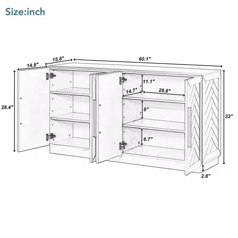 Sideboard Buffet Cabinet with Storage, Adjustable Shelves and Silver Handles for Dining Room, White