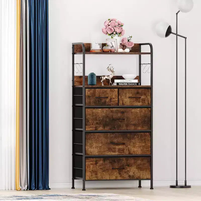 Tall Dresser for Bedroom with 5 Drawers, Vertical Dresser with 2-Tier Open Shelves, Chest of Drawers with Hanging Racks, Small Space