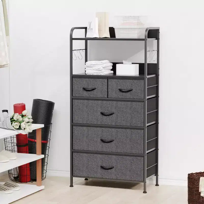 Tall Dresser for Bedroom with 5 Drawers, Vertical Dresser with 2-Tier Open Shelves, Chest of Drawers with Hanging Racks, Small Space