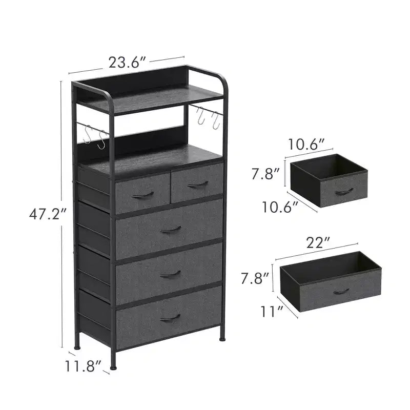 Tall Dresser for Bedroom with 5 Drawers, Vertical Dresser with 2-Tier Open Shelves, Chest of Drawers with Hanging Racks, Small Space