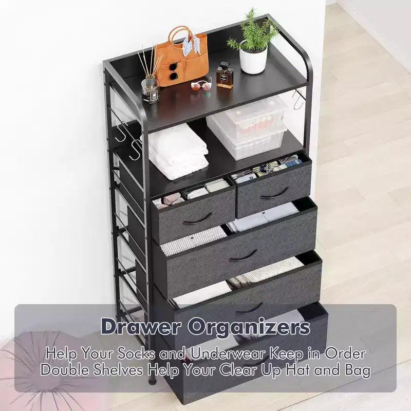 Tall Dresser for Bedroom with 5 Drawers, Vertical Dresser with 2-Tier Open Shelves, Chest of Drawers with Hanging Racks, Small Space