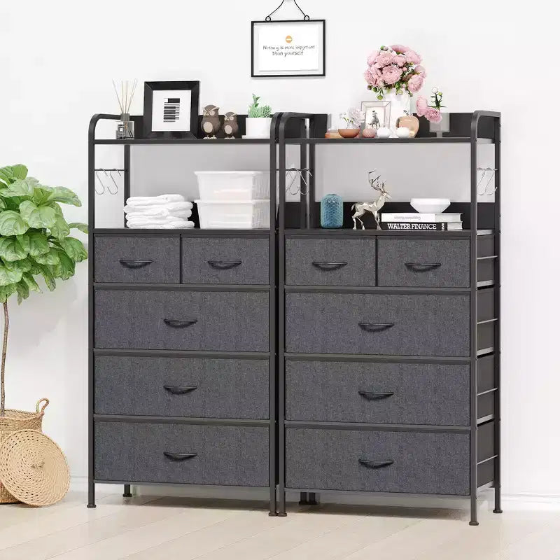 Tall Dresser for Bedroom with 5 Drawers, Vertical Dresser with 2-Tier Open Shelves, Chest of Drawers with Hanging Racks, Small Space