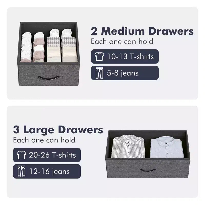 Tall Dresser for Bedroom with 5 Drawers, Vertical Dresser with 2-Tier Open Shelves, Chest of Drawers with Hanging Racks, Small Space