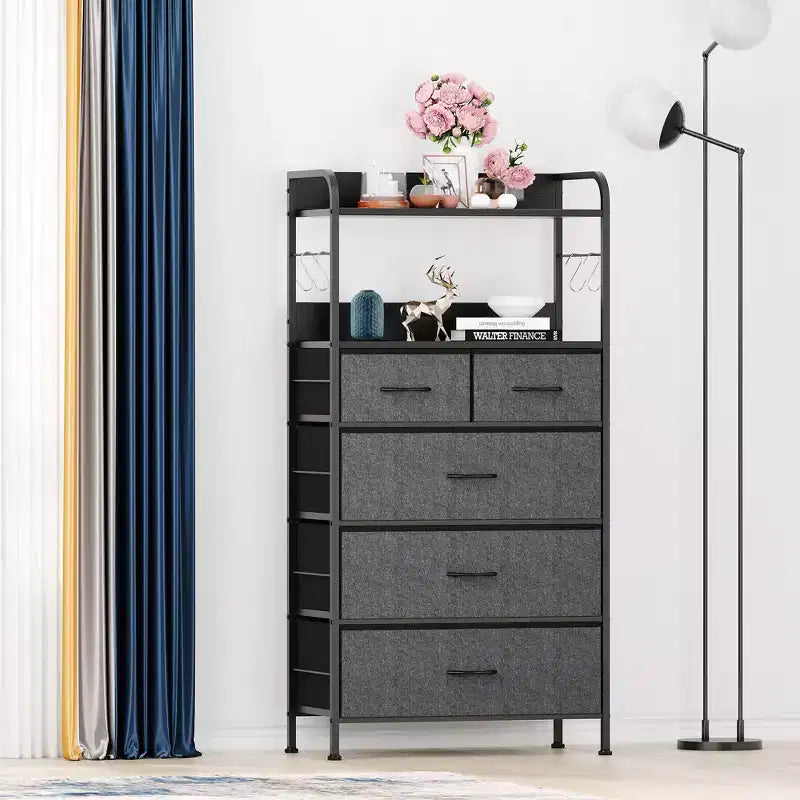 Tall Dresser for Bedroom with 5 Drawers, Vertical Dresser with 2-Tier Open Shelves, Chest of Drawers with Hanging Racks, Small Space