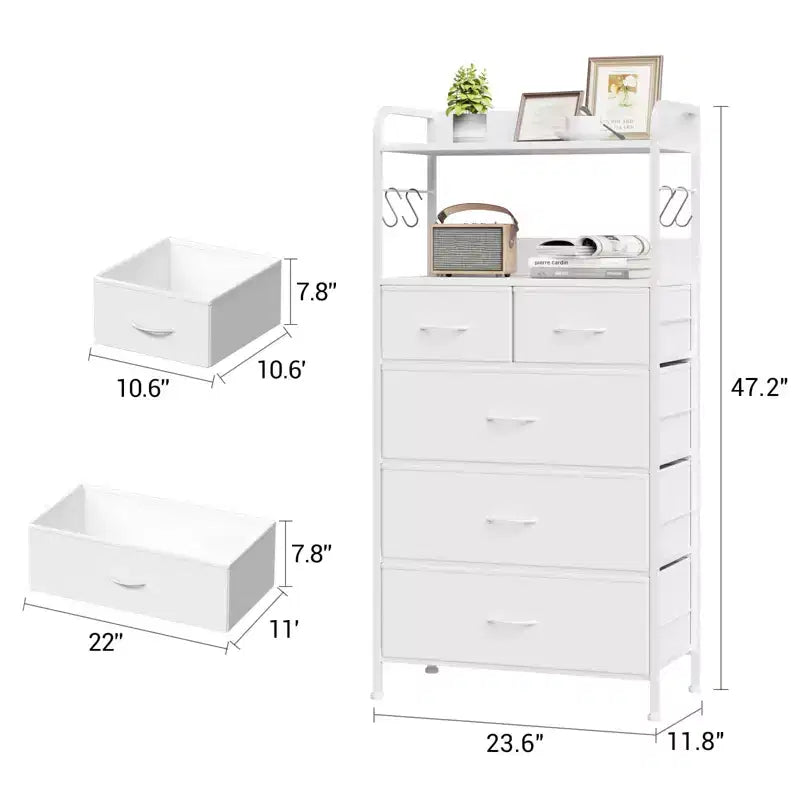 Tall Dresser for Bedroom with 5 Drawers, Vertical Dresser with 2-Tier Open Shelves, Chest of Drawers with Hanging Racks, Small Space