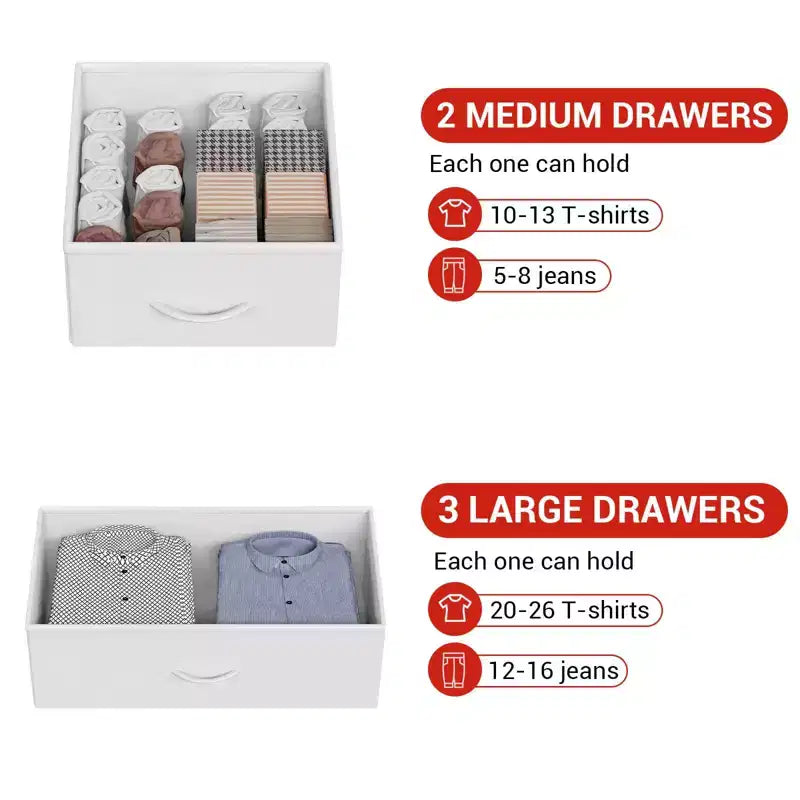 Tall Dresser for Bedroom with 5 Drawers, Vertical Dresser with 2-Tier Open Shelves, Chest of Drawers with Hanging Racks, Small Space