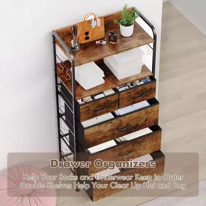 Tall Dresser for Bedroom with 5 Drawers, Vertical Dresser with 2-Tier Open Shelves, Chest of Drawers with Hanging Racks, Small Space