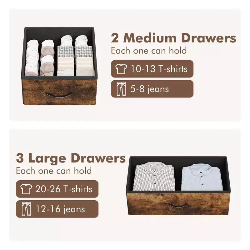 Tall Dresser for Bedroom with 5 Drawers, Vertical Dresser with 2-Tier Open Shelves, Chest of Drawers with Hanging Racks, Small Space