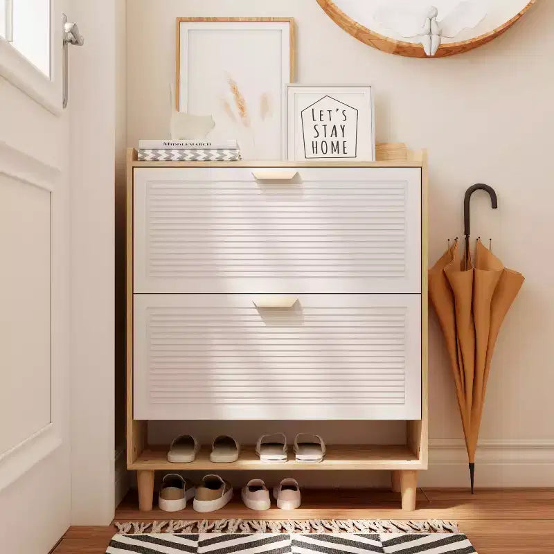 Shoes Storage Cabinet, Shoe Rack with 2 Flip Drawers and Natural Wood Legs, Slim Entryway Storage Organizer for Hallway, Entryway
