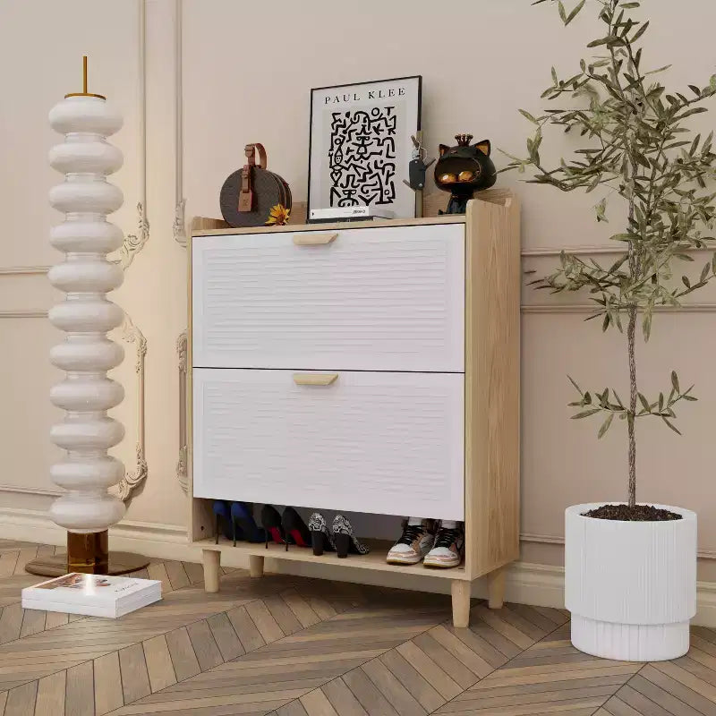 Shoes Storage Cabinet, Shoe Rack with 2 Flip Drawers and Natural Wood Legs, Slim Entryway Storage Organizer for Hallway, Entryway