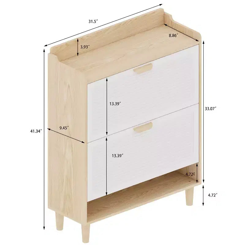 Shoes Storage Cabinet, Shoe Rack with 2 Flip Drawers and Natural Wood Legs, Slim Entryway Storage Organizer for Hallway, Entryway