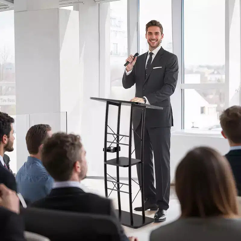VEVOR Podium Stand, 47-Inch Metal Lectern, Curved Standing Podium with Wide Reading Surface, Open Storage Compartment, Book Stopper, Black